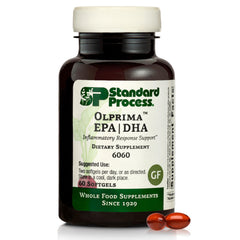 Standard Process Olprima EPA|DHA bottle front shows omega-3 blend for heart and brain support.