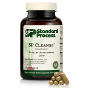 Standard Process SP Cleanse bottle close-up highlights capsule texture for digestive support