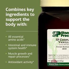 Close-up of SP Complete vanilla label showcasing gluten-free and non-soy formulation.