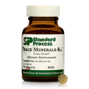 Standard Process Trace Minerals-B12 bottle closeup showing packaging and label details for thyroid support.