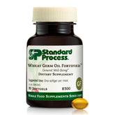 Standard Process Wheat Germ Oil Fortified bottle shows vitamin E support for immune health.