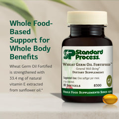 Label close-up of Standard Process Wheat Germ Oil Fortified noting natural vitamin E from sunflower oil.