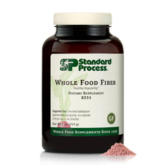 Standard Process Whole Food Fiber tub front label highlighting vegan and gluten-free features.