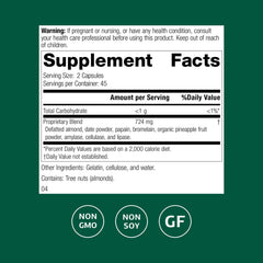 Close-up of Zymex II capsules showing gluten-free, non-soy formula.