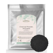 Starwest Botanicals activated hardwood charcoal powder in a resealable bag for easy storage.