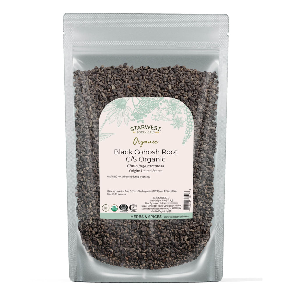 Starwest Botanicals Black Cohosh Root cut and sifted in a bag, ideal for tea blends.