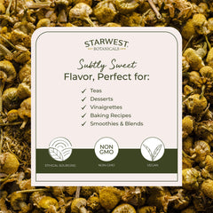 Starwest Botanicals dried chamomile buds deliver gentle aroma suitable for baking and lotions.