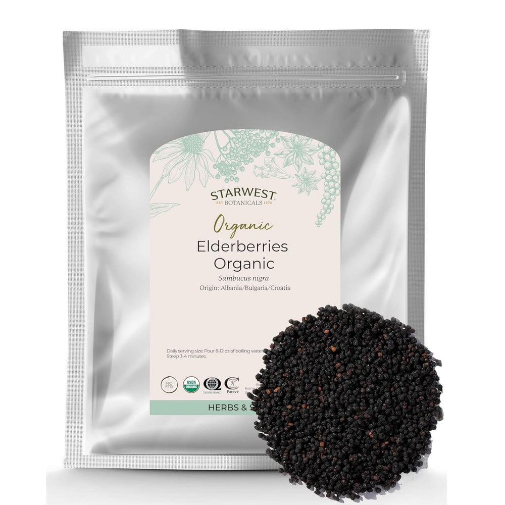 Starwest Botanicals dried elderberries in a bag, ready for tea or syrup