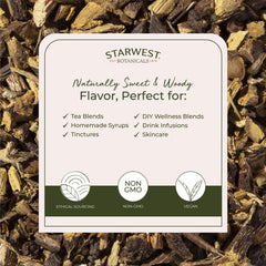 Starwest Botanicals Licorice Root slices closeup showing texture for desserts