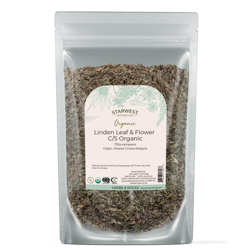 Starwest Botanicals Linden leaf and flowers in bag for fragrant herbal blends.