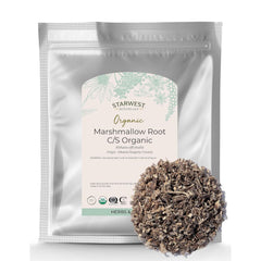 Starwest Botanicals marshmallow root cut and sifted in a 1 lb bag for tea blends.