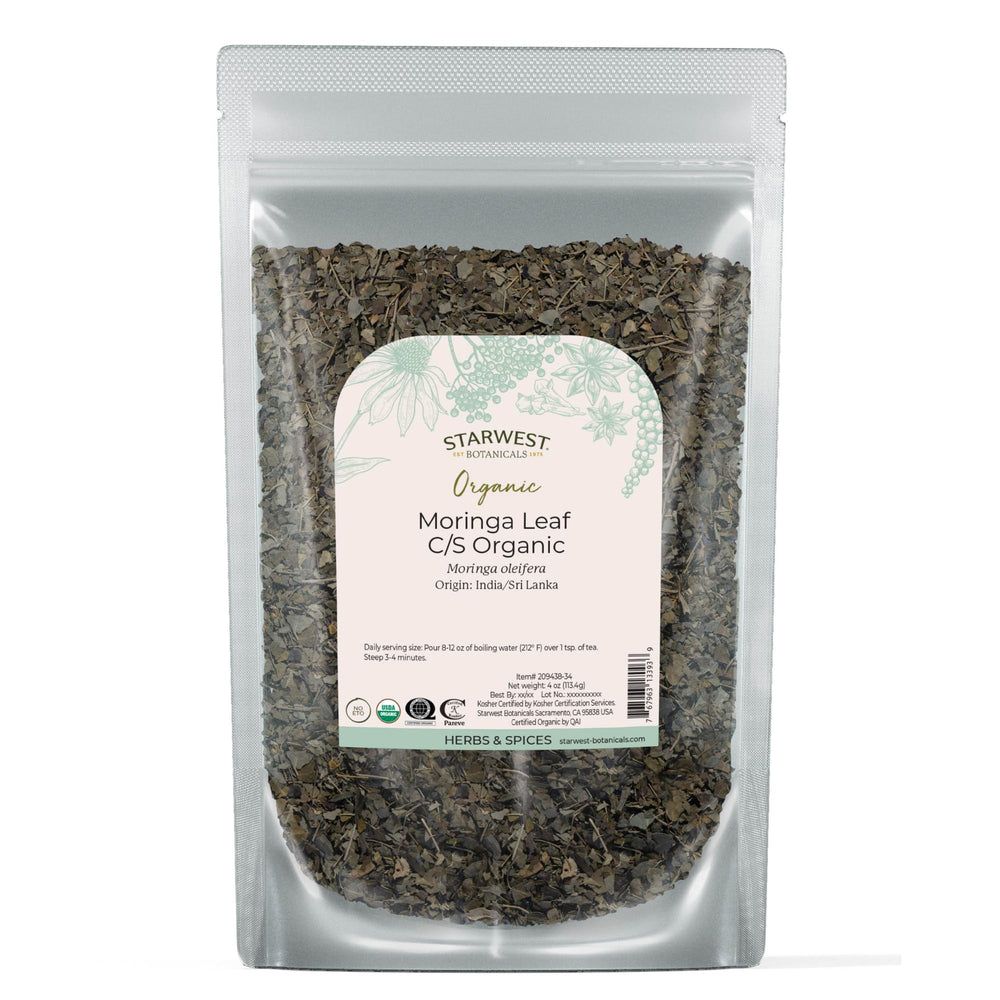 Starwest Botanicals Moringa leaf cut pack for daily tea and healthy smoothies.