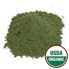 Starwest Botanicals nettle leaf powder packaging shown for tea and culinary use.