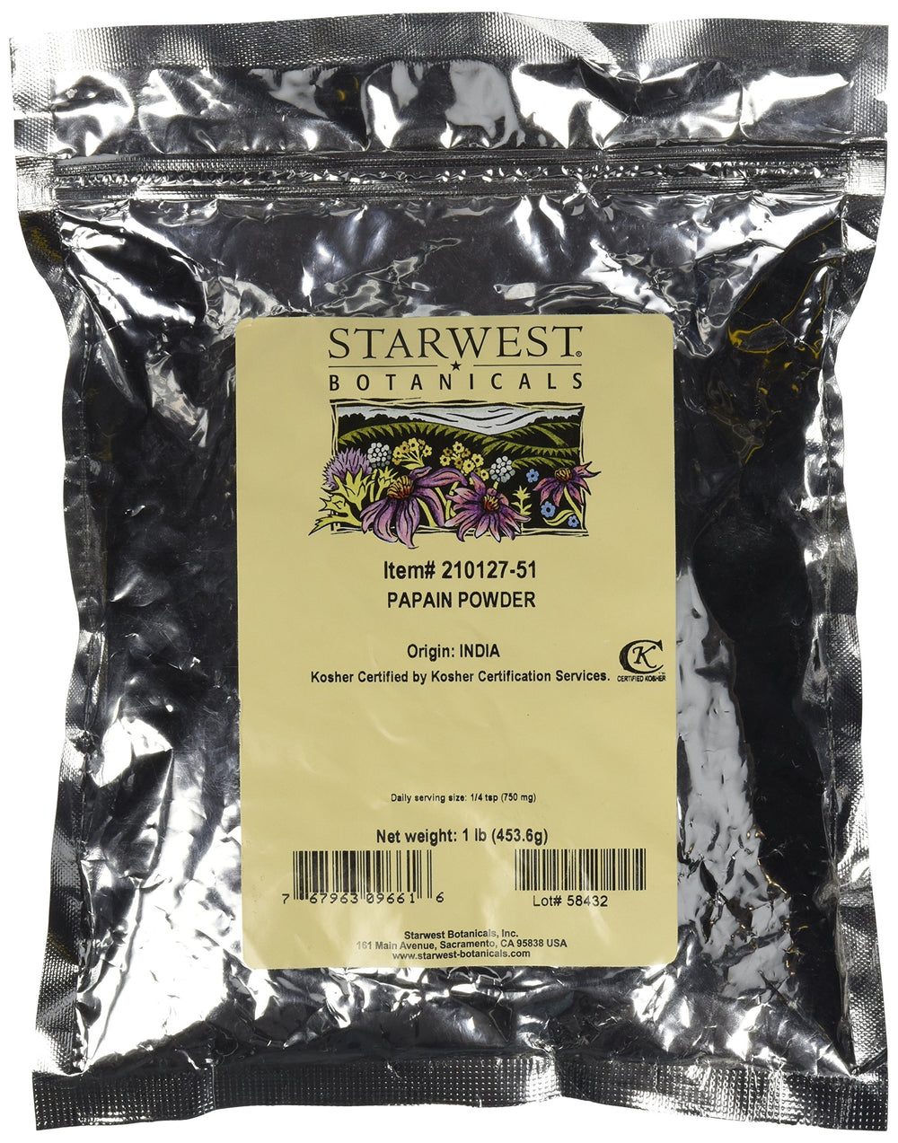 Starwest Botanicals Papain powder in a resealable bag for meat tenderizing prep.