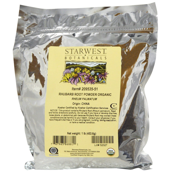 Starwest Botanicals Organic Rhubarb Root Powder 1lb jar for culinary blends.