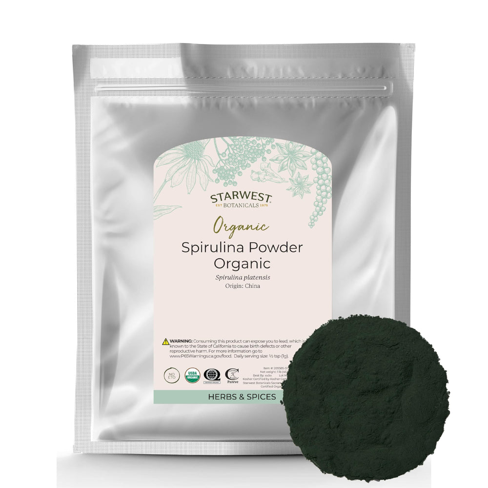 Starwest Spirulina powder bottle with label, natural protein boost for smoothies