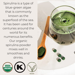 Starwest Botanicals Spirulina powder on a spoon shows vibrant green color for colorful recipes.