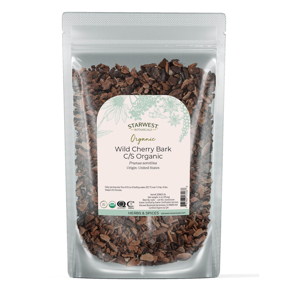Starwest Botanicals Wild Cherry Bark packaging front for versatile tea blends.