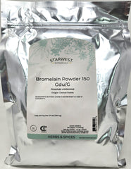 Starwest Botanicals Bromelain powder bottle with label in a kitchen setting.