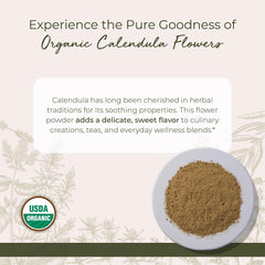 Starwest Calendula powder above a teacup, adds color to blends.