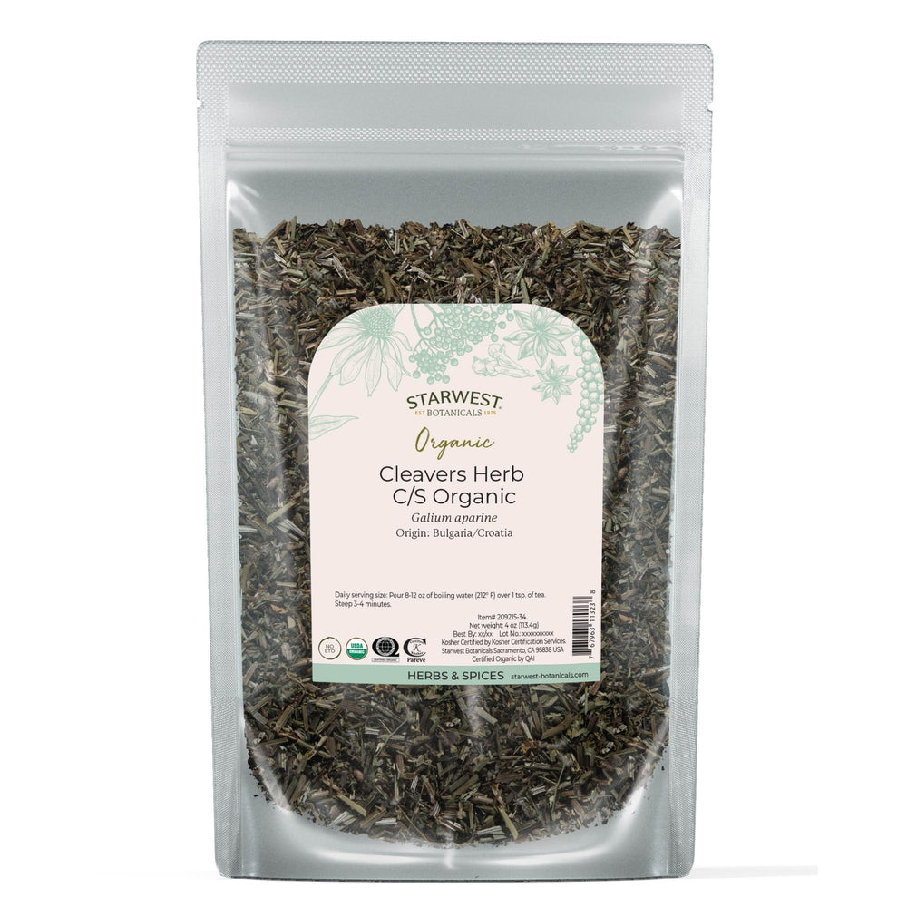 Starwest Cleavers herb cut and sifted 4oz pouch with vibrant greens for fresh tea