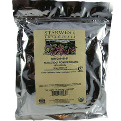 Starwest nettle root powder jar close-up highlighting organic quality for wellness routines.