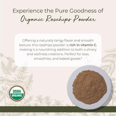 Close-up of finely ground rosehips powder showing texture for recipes.