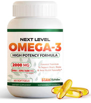 STAW Next Level Omega-3 bottle showing high potency formula for daily heart and brain support.