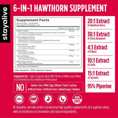 Stay Alive Hawthorn capsules close-up highlighting 20:1 extract for daily use.