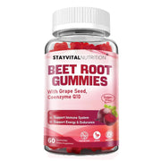 Stayvital Nutrition Beet Root Gummies jar promotes blood flow support for daily wellness.