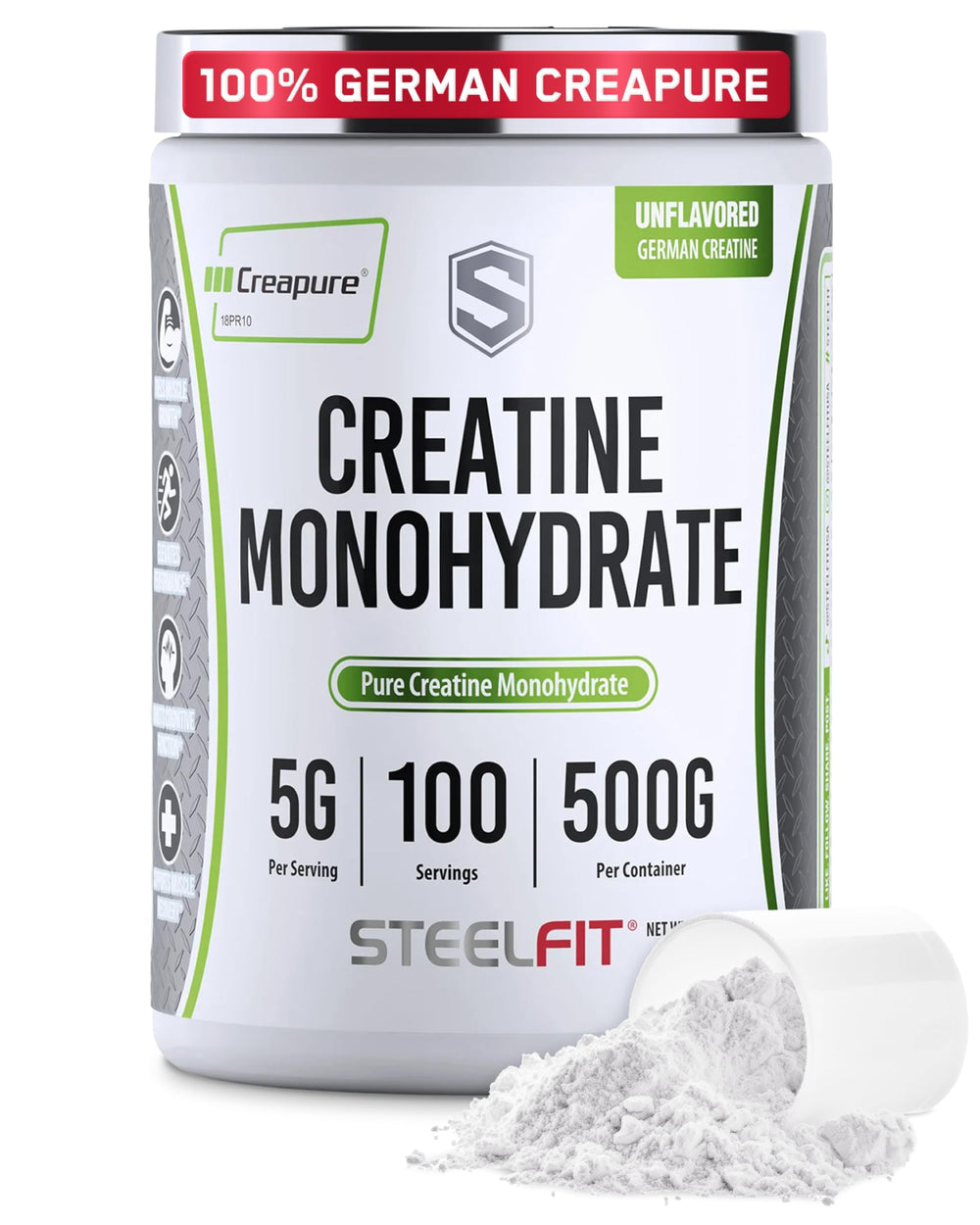SteelFit Creapure creatine monohydrate powder jar showcases purity and energy support.