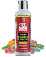 SteelFit Steel Burn bottle closeup highlights stimulant-free metabolism support for workouts.