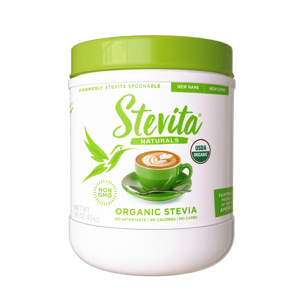 Stevita Organic Stevia & Erythritol 16oz jar for sugar-free baking and beverages.