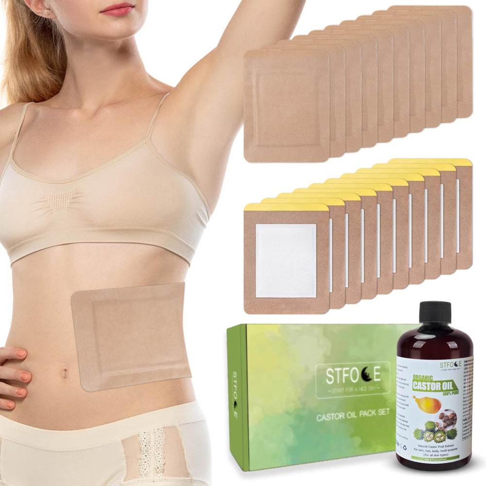 STFOCE castor oil pack wrap front view shows compact design for comfortable wear.