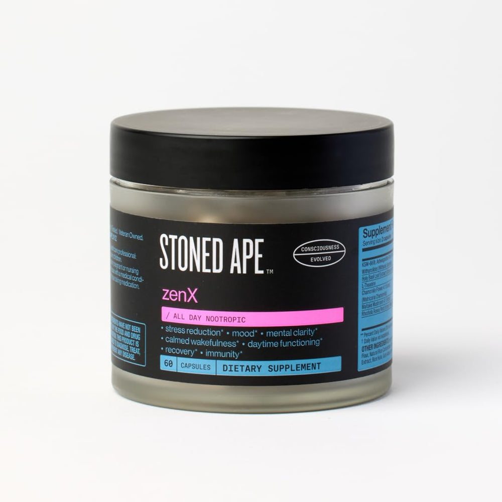 Stoned Ape ZenX bottle being poured for daily balance and focus