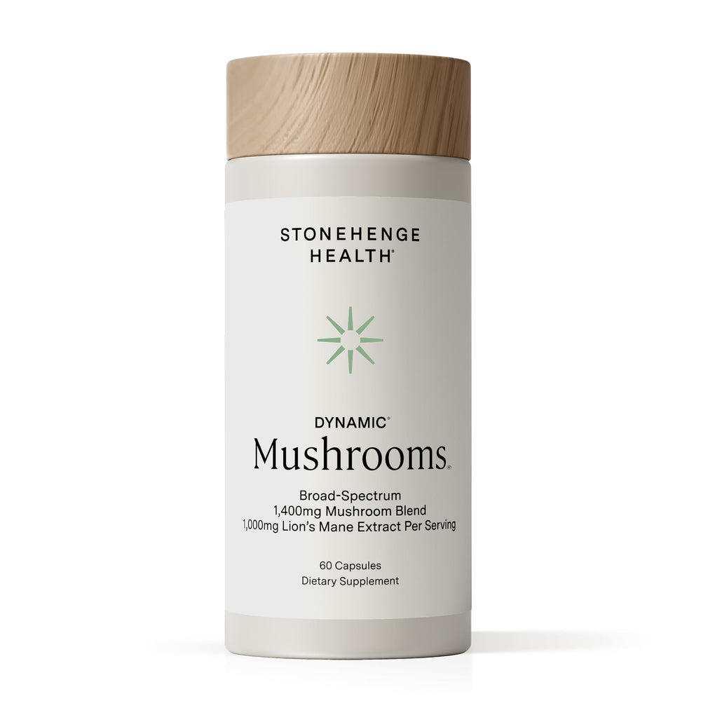 Stonehenge Dynamic Health Mushrooms bottle front, highlighting the 5-mushroom complex for cognitive support.