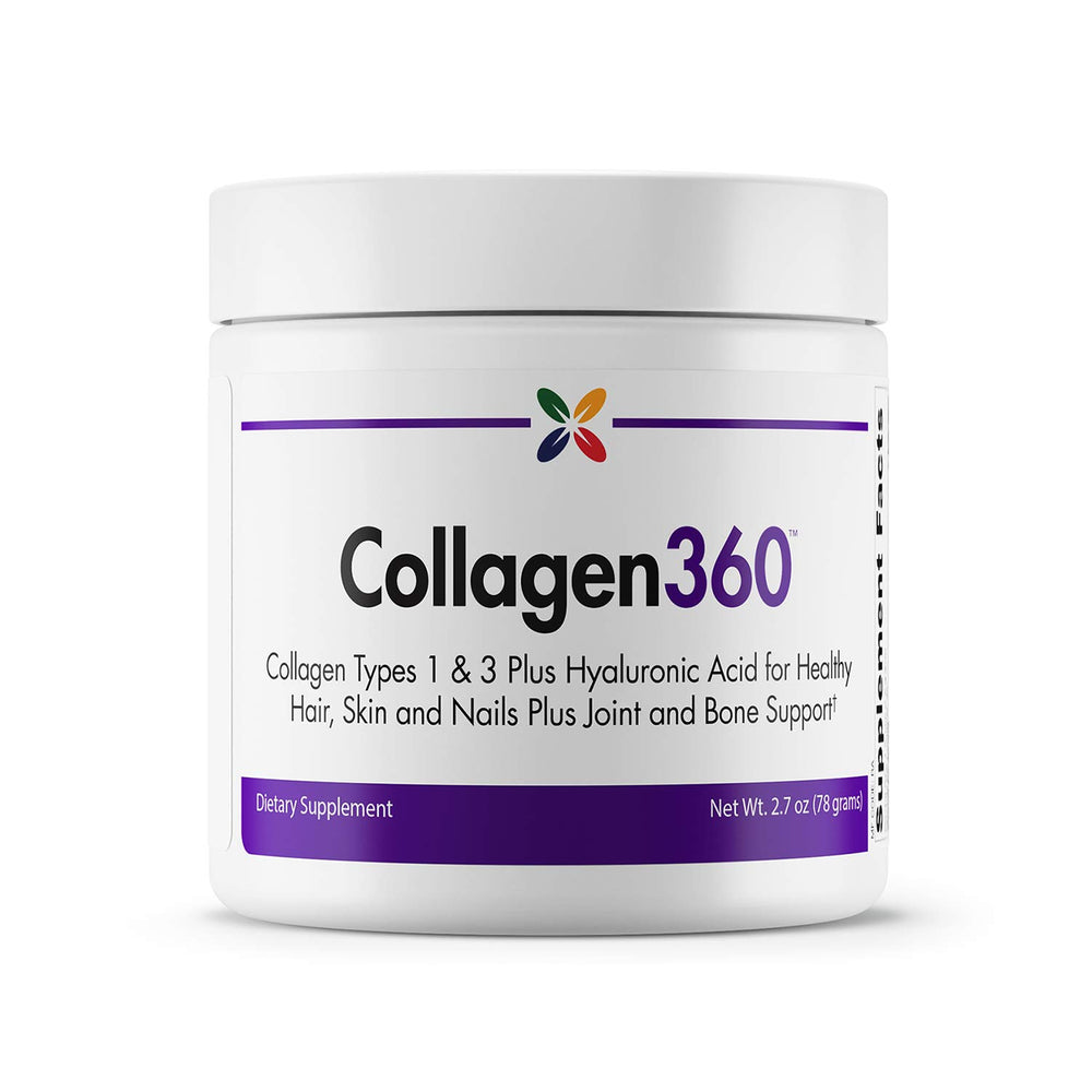 Stop Aging Now Collagen360 bottle showing powder that may support healthy hair, nails, and skin.