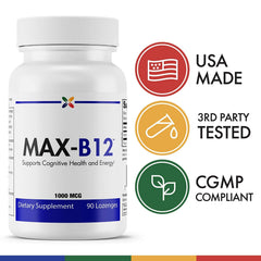 Stop Aging Now MAX-B12 lozenges bottle label shows purity and potency for cognitive clarity