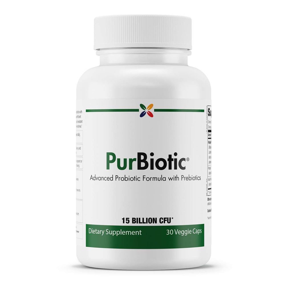 Stop Aging Now PurBiotic 15B CFU bottle front, improving gut balance and daily digestion.