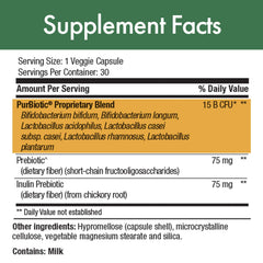 Stop Aging Now PurBiotic bottle label viewed, emphasizing CFU strength and probiotic variety.