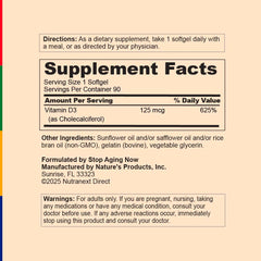 Stop Aging Now Vitamin D3 5000IU softgel jar on shelf ready for use.
