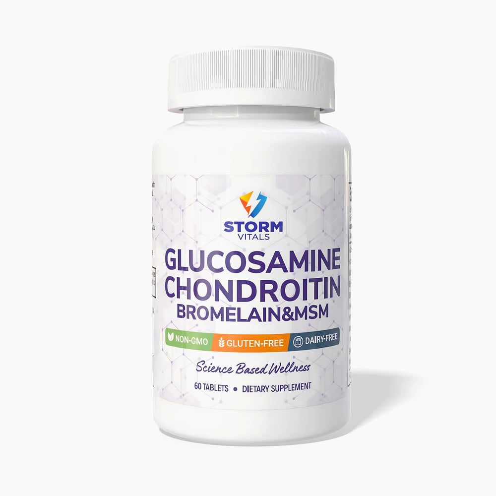 Storm Vitals Glucosamine Chondroitin MSM bottle highlights a joint support formula for daily mobility.