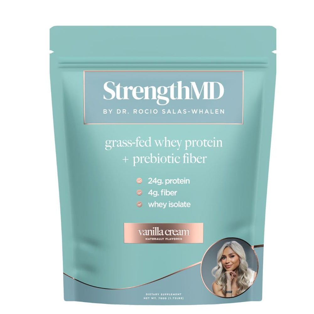 StrengthMD grass-fed whey protein bag showing 20 servings for versatile shakes