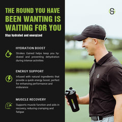 Strokes Gained Hydration orange stick pack label highlights electrolytes and vitamins for performance support.