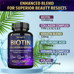 StrongVit Biotin capsule close-up highlighting hydration support for skin.