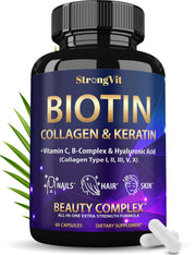 StrongVit Biotin bottle showing hydration, hair, nails, and skin support.