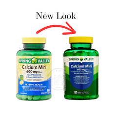 Closeup of STS Home Spring Valley calcium-d3 mini softgels showing easy swallow capsules.