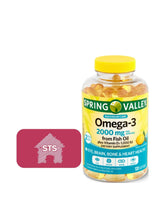 STS Home Spring Valley Omega-3 bottle pour highlights purified fish oil for daily eye-brain-heart support