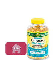 STS Home Spring Valley Omega-3 bottle pour highlights purified fish oil for daily eye-brain-heart support