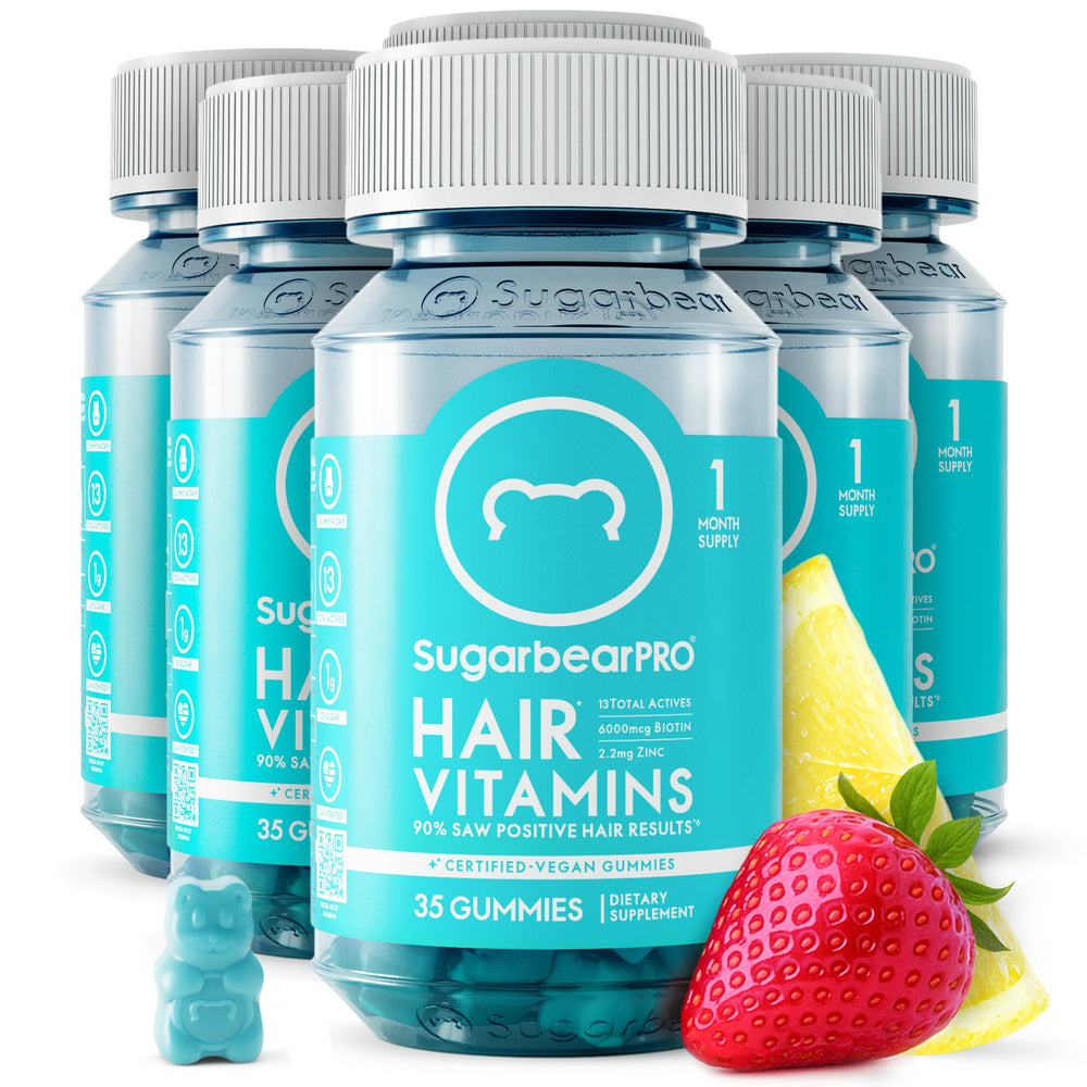 SugarBearPro bottle front with daily vitamins for healthy-looking hair.